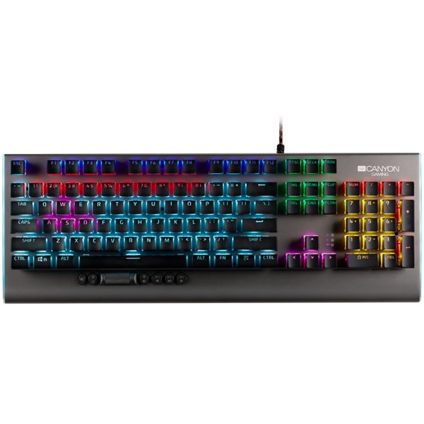 210111170018461382 CANYON Interceptor GK-8, Wired multimedia gaming keyboard with lighting effect, 20pcs rainbow LED & 19pcs RGB light, Numbers 104keys, EN double injection layout, cable length 1.8M, 446*160*40mm, 0.98kg, color Dark grey