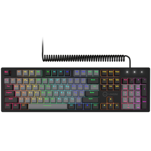 240528091229312000 LORGAR Azar 514, Wired mechanical gaming keyboard, RGB backlight, 1680000 colour variations, 18 modes, keys number: 104, 50M clicks, linear dream switches, spring cable up to 3.4m, ABS plastic+metal, magnetic cover, 450*136*39mm, 1.17kg, black, EN+RU layout