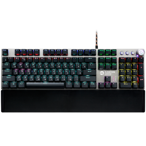 CANYON Nightfall GK-7, Wired Gaming Keyboard,Black 104 mechanical switches,60 million times key life, 22 types of lights,Removable magnetic wrist rest,4 Multifunctional control knobs,Trigger actuation 1.5mm,1.6m Braided cable,RU layout,dark grey, size:435*125*37.47mm, 840g