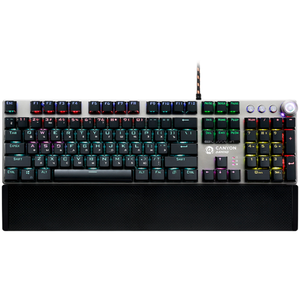240625140015460314 CANYON Nightfall GK-7, Wired Gaming Keyboard,Black 104 mechanical switches,60 million times key life, 22 types of lights,Removable magnetic wrist rest,4 Multifunctional control knobs,Trigger actuation 1.5mm,1.6m Braided cable,RU layout,dark grey, size:435*125*37.47mm, 840g