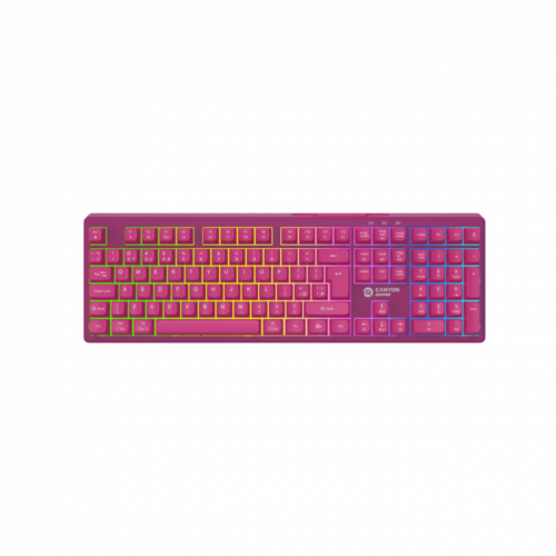 Canyon 105keys gaming keyboard,with 2.4G+ Bluetooth mode, battery 2000mAh, RGB backlight 3 types and 7 colors, size:407*119*19mm, PVC cable 1.8M , Black,weight:556+/-10g